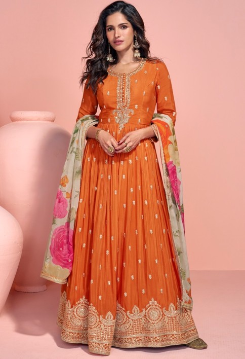 ORANGE DESIGNER EMBROIDERED PREMIUM CHINON SILK ANARKALI GOWN